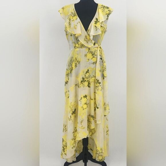 Calvin Klein Sheer Maxi Dress Size 6 Yellow Floral Chiffon High Low Faux Wrap - Picture 1 of 10